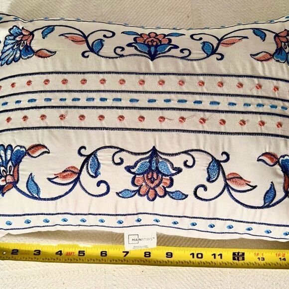 Mainstays Throw Pillow White w Blue/Pink Embroidery Approximately 16”x12”. - Picture 3 of 5